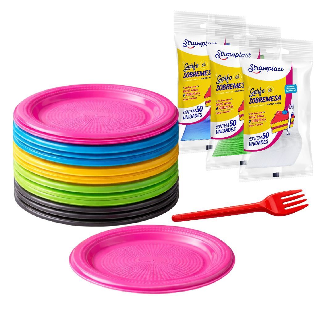Kit Festa Descartável Aniversário Pratos + Garfos Completo Para Festa Cores Premium Escolha à Cor