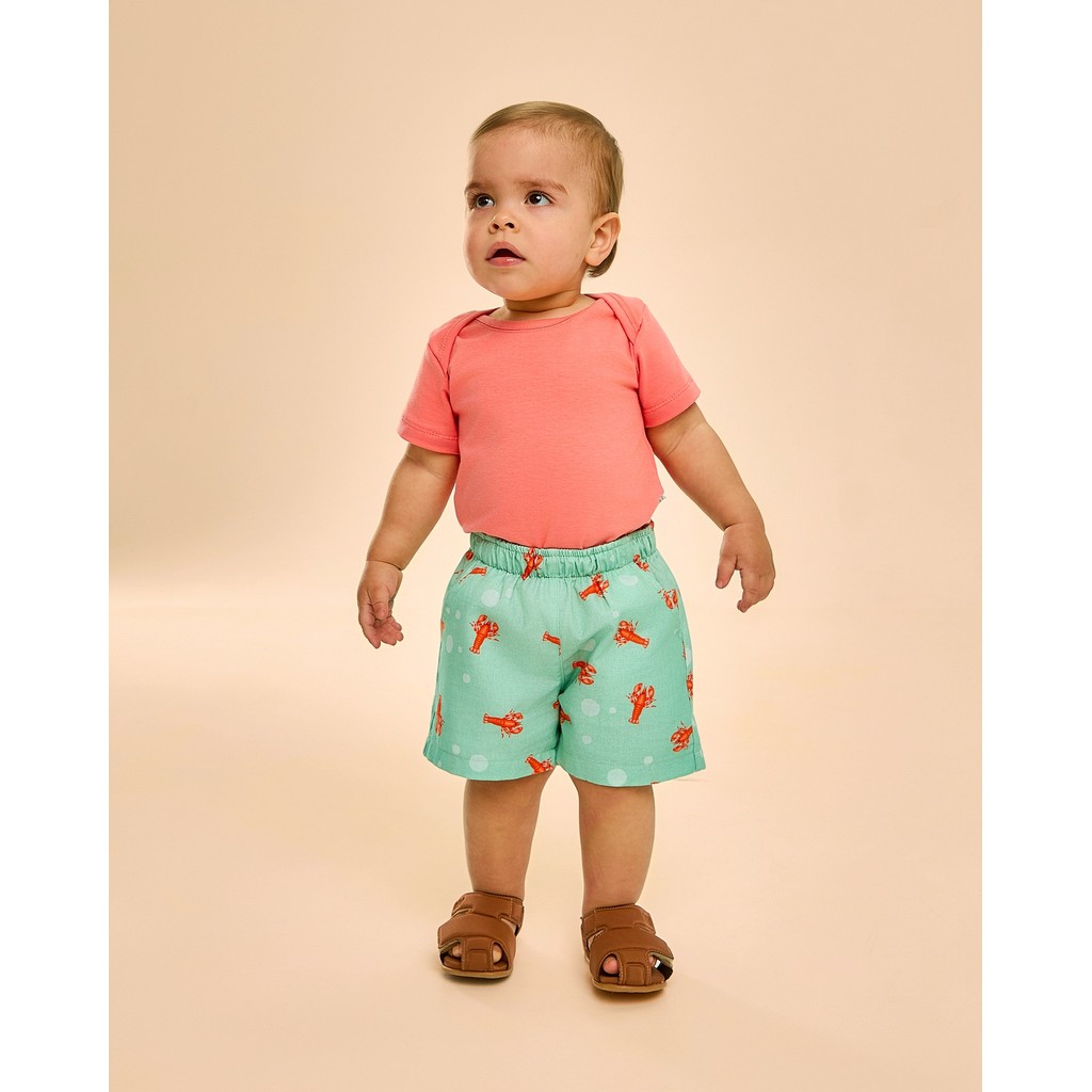 Conjunto Bebê Menino Body Coral e Shorts Verde Água Lagosta