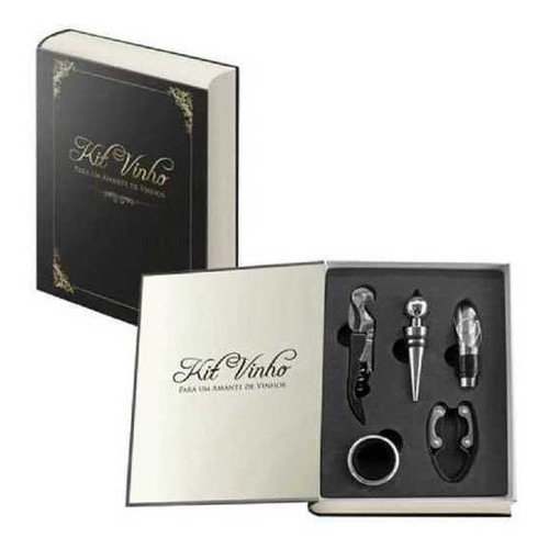 Kit Abridor De Vinho Livro 5 Peças Saca Rolha Tampa Dosador