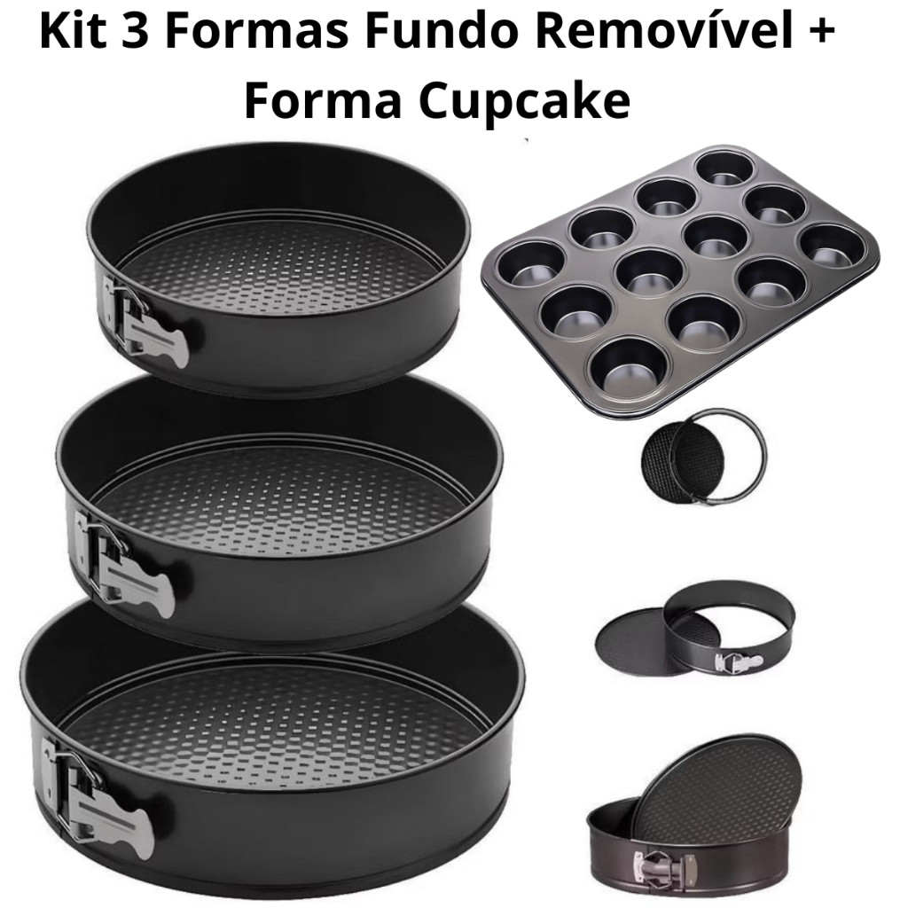 Kit 3 Formas Com Fundo Removível Antiaderente Redonda + Forma Cupcake 12 Cavidades Não Gruda em Oferta na Shopee