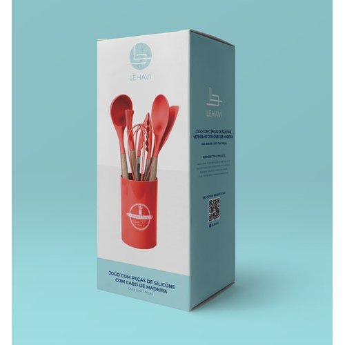 Conjunto Utensilios Silicone Vermelho 7 Pecas Cabo Madeira Cozinha Antiaderente Resistente