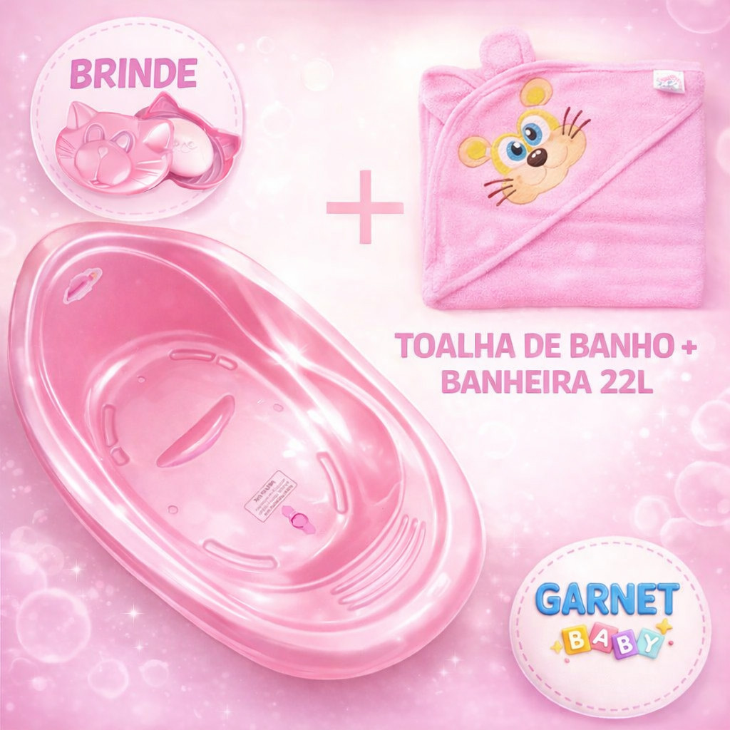 Kit Banheira de Bebe 22L +Toalha de banho + Saboneteira Menina/Menino