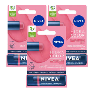 Kit 3 Hidratante Labial Nivea Hidra Color FPS 30 Rosé 4,8g em Oferta na Shopee
