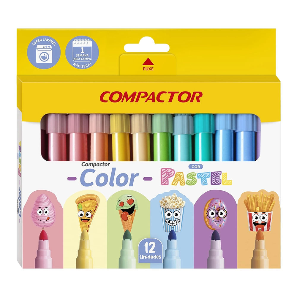 Caneta Hidrográfica Compactor Color Pastel 12 Cores