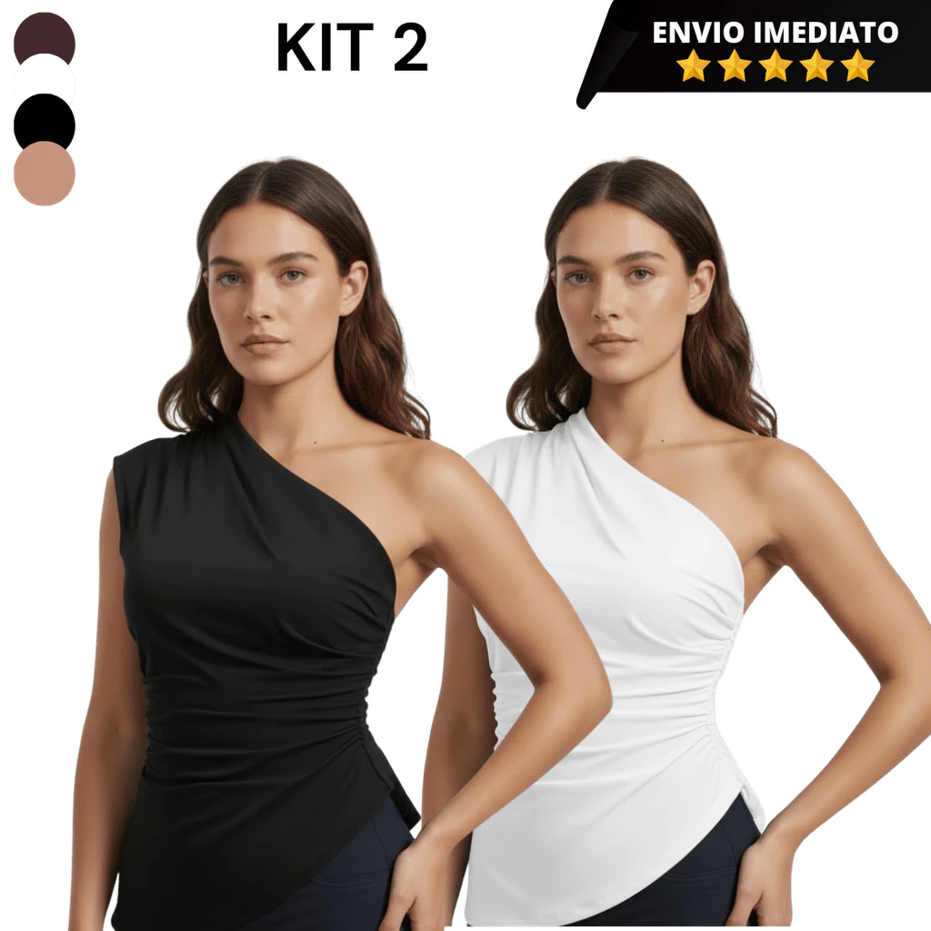 Kit 2 Regata Feminina Mula Manca Assimétrica Franzida Plissada Casual Ombro Único Elegante Moda Promoção — imagem 1