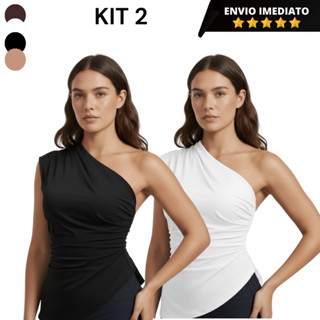 Kit 2 Regata Feminina Mula Manca Assimétrica Franzida Plissada Casual Ombro Único Elegante Moda Promoção em Oferta na Shopee