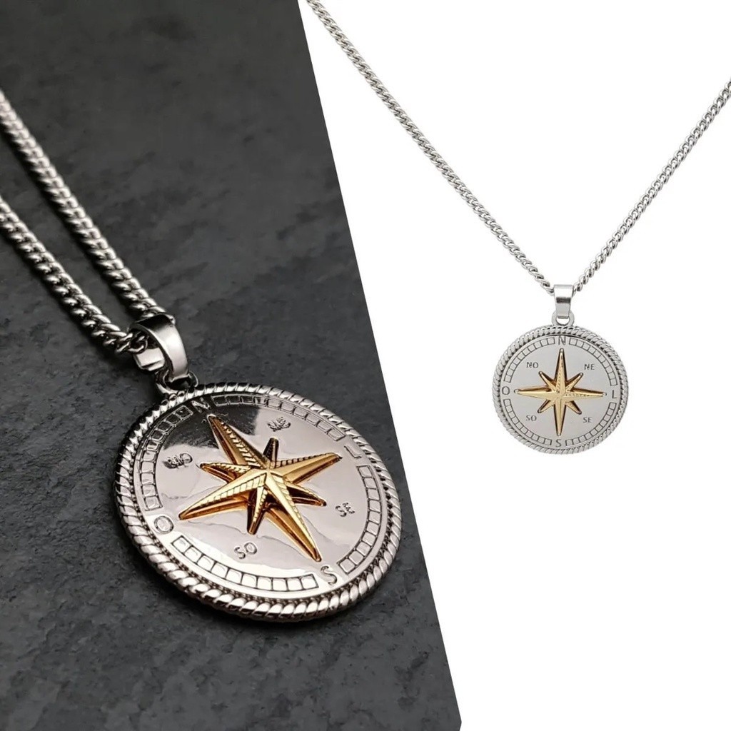 Colar Corrente Masculino Aço Inox Bússola Rosa dos Ventos Acessório Fashion Aventureiro Resistente à Água Pronta Entrega