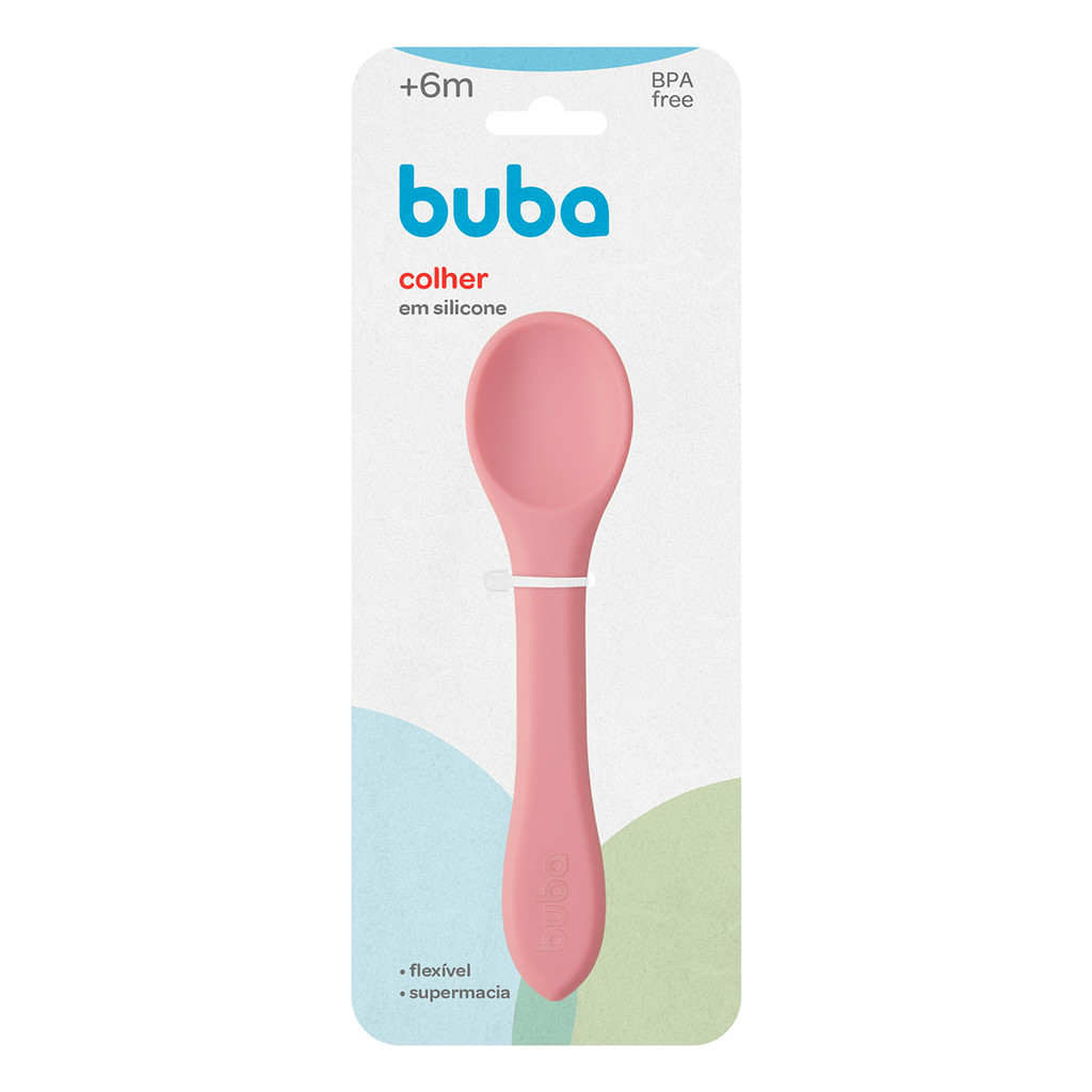Colher Flexível Rosa em Silicone Para Bebês +6 Meses Buba em Oferta na Shopee