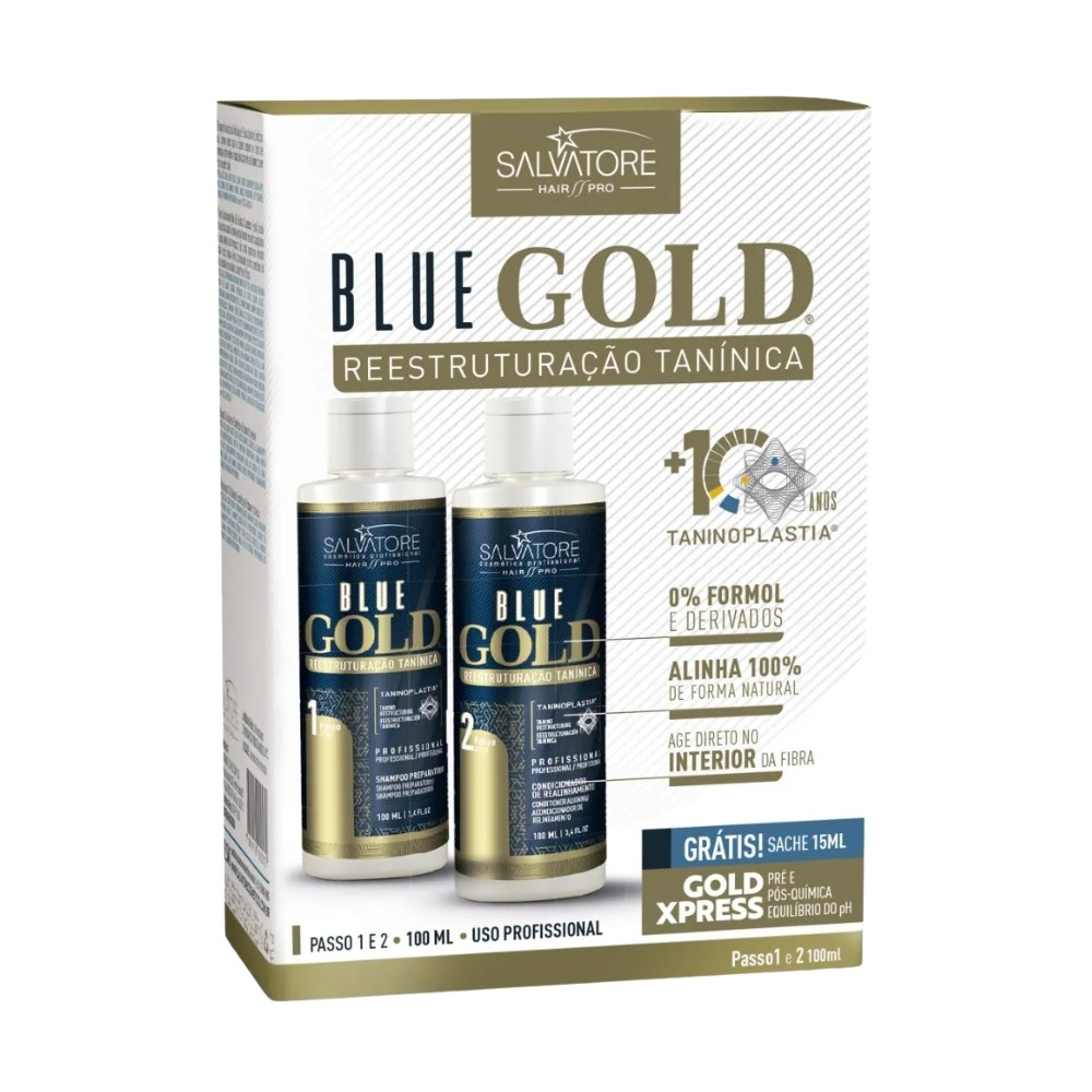 Kit Escova Progressiva Blue Gold 100ml Passo 1 e 2 + Sachê Gold Xpress Salvatore