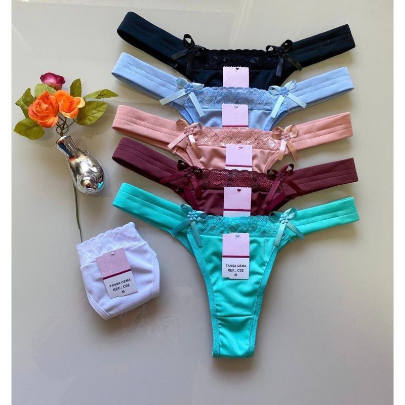 Kit De Calcinhas Pala Com Renda Lingerie Feminina Tanga Fio Dental