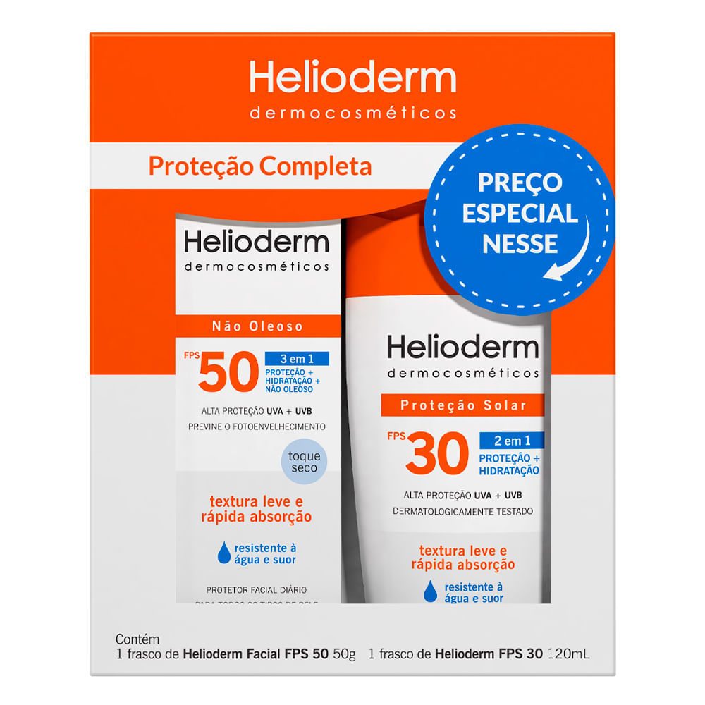 Kit Protetor Solar Corporal Helioderm Suncare FPS 30 120ml + Facial Antioleosidade FPS 50 50g em Oferta na Shopee