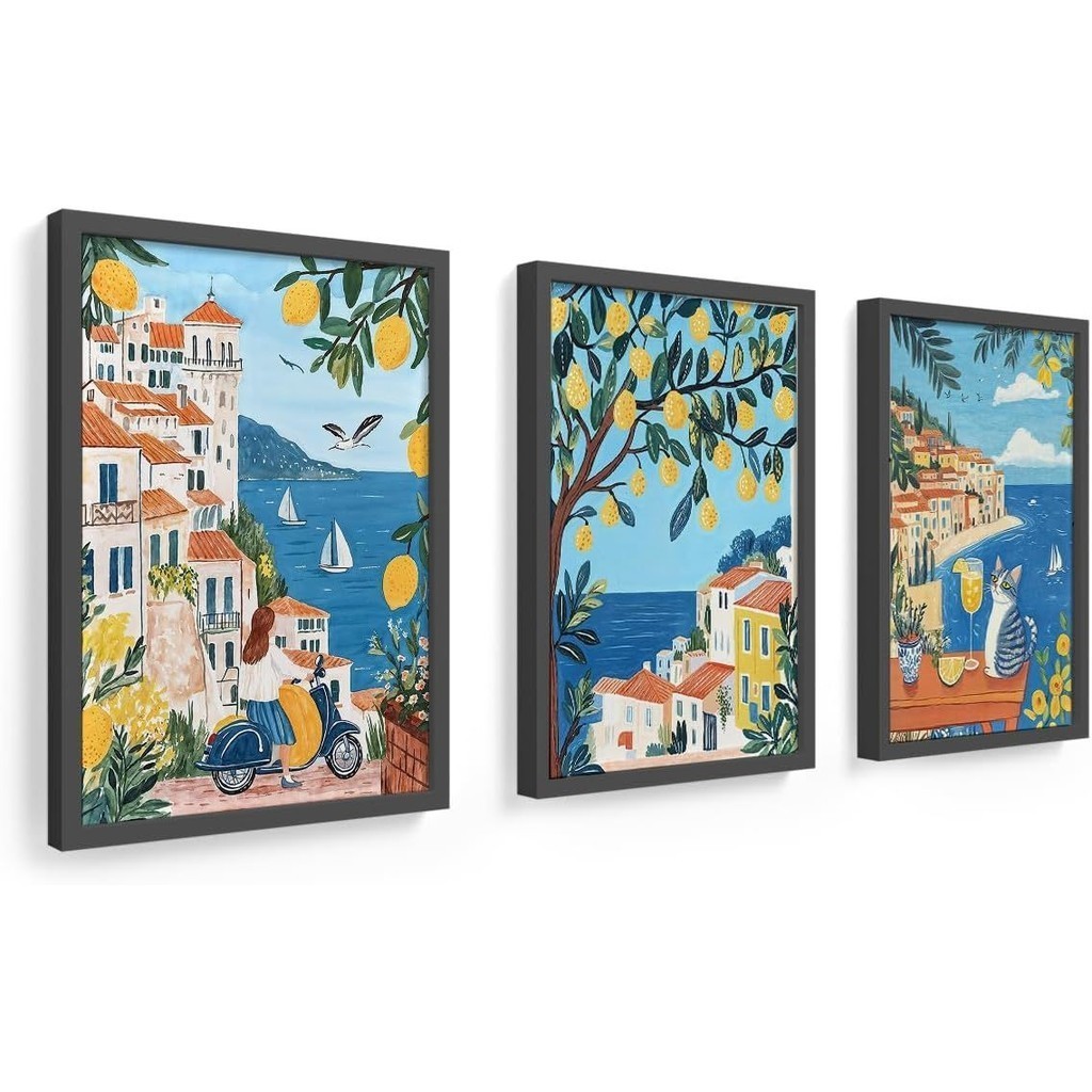 Kit 3 Quadros Decorativos Gato Tropical Com Limão Estilo Abstrato Decoração de Parede Para Sala de Estar e Quarto em Oferta na Shopee
