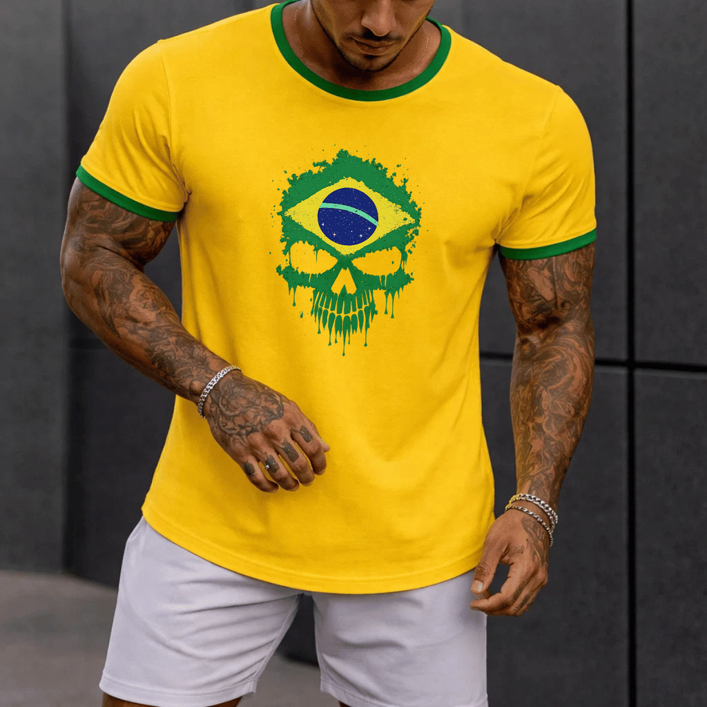 Camiseta Masculina Algodão Brasil Caveira Copa Estampada 100% Algodão Premium Blusa Camisa Casual Streetwear Verão