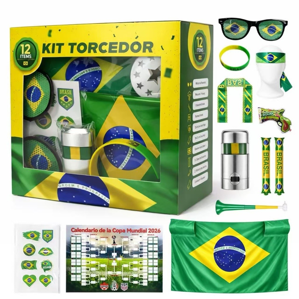 Kit Torcedor Brasil Kit 12 peças  Bandeira  Para Copa 2026  Adesivo Trompete Pintura Facia...