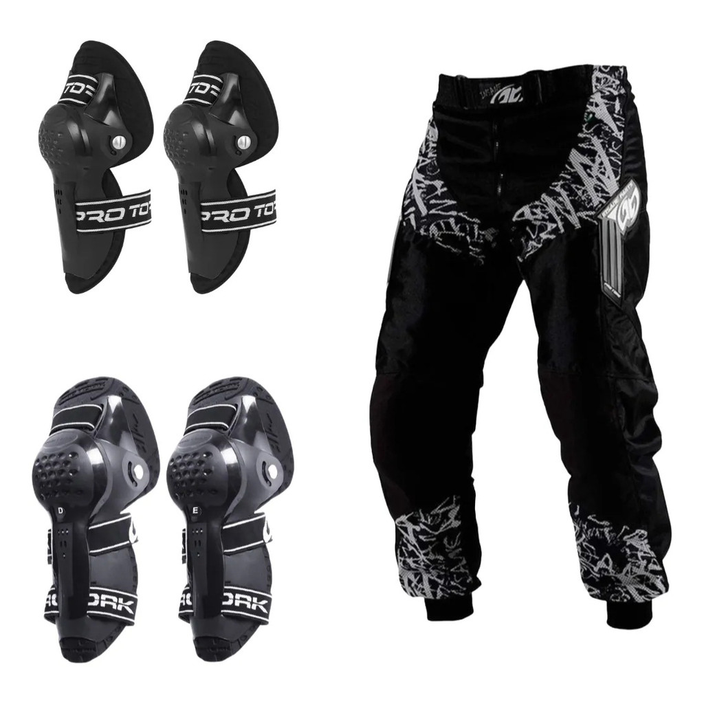 Kit Calça Joelheira Cotoveleira Articulada Proteção Motocross Trilha Enduro