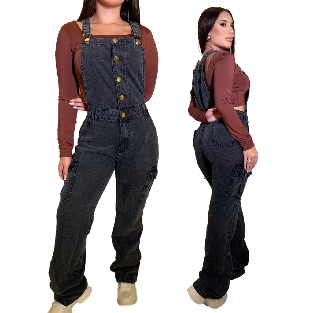 Macacão Jeans Jardineira Feminino Calça com Bolso Cargo Fechamento em Botão em Oferta na Shopee