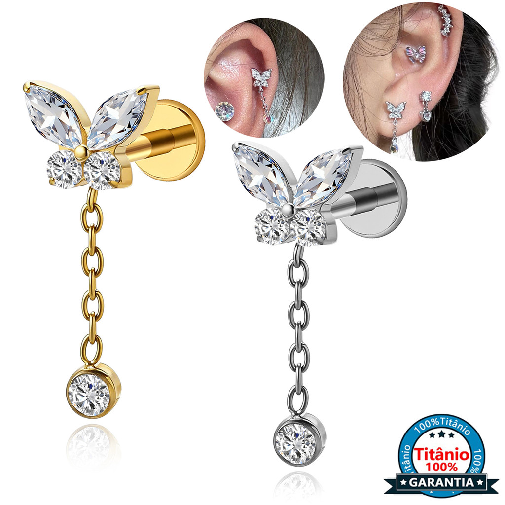 Piercing Brincos Labret Titânio PVD Borboleta Com Pingente Zircônia Cravejada | Helix, Conch, Tragus