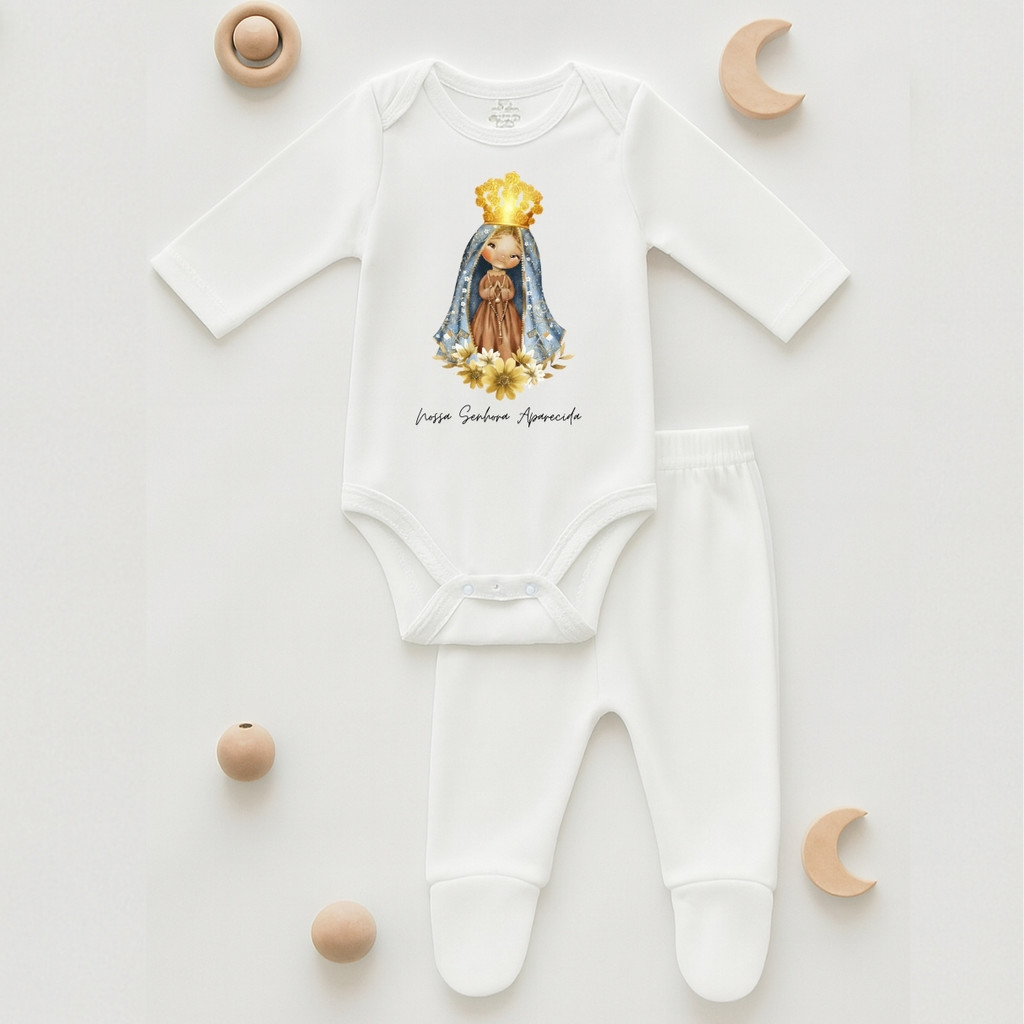 Kit Body Bebê Santinhos Mijão Pezinho Manga Longa Infantil Pagão Santa Teresinha Santa Rita