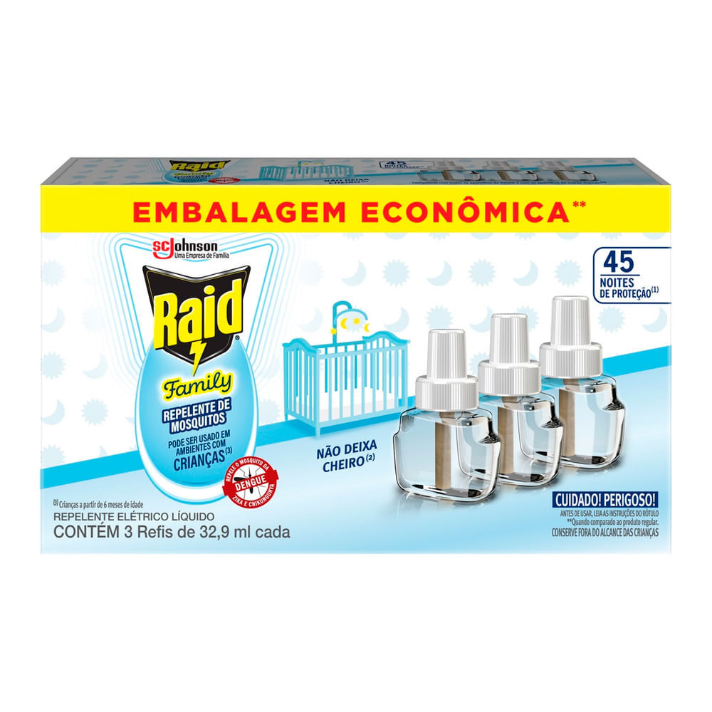 Repelente Líquido Raid Family 45 Noites Refil com 3 Unidades de 32,9ml cada em Oferta na Shopee