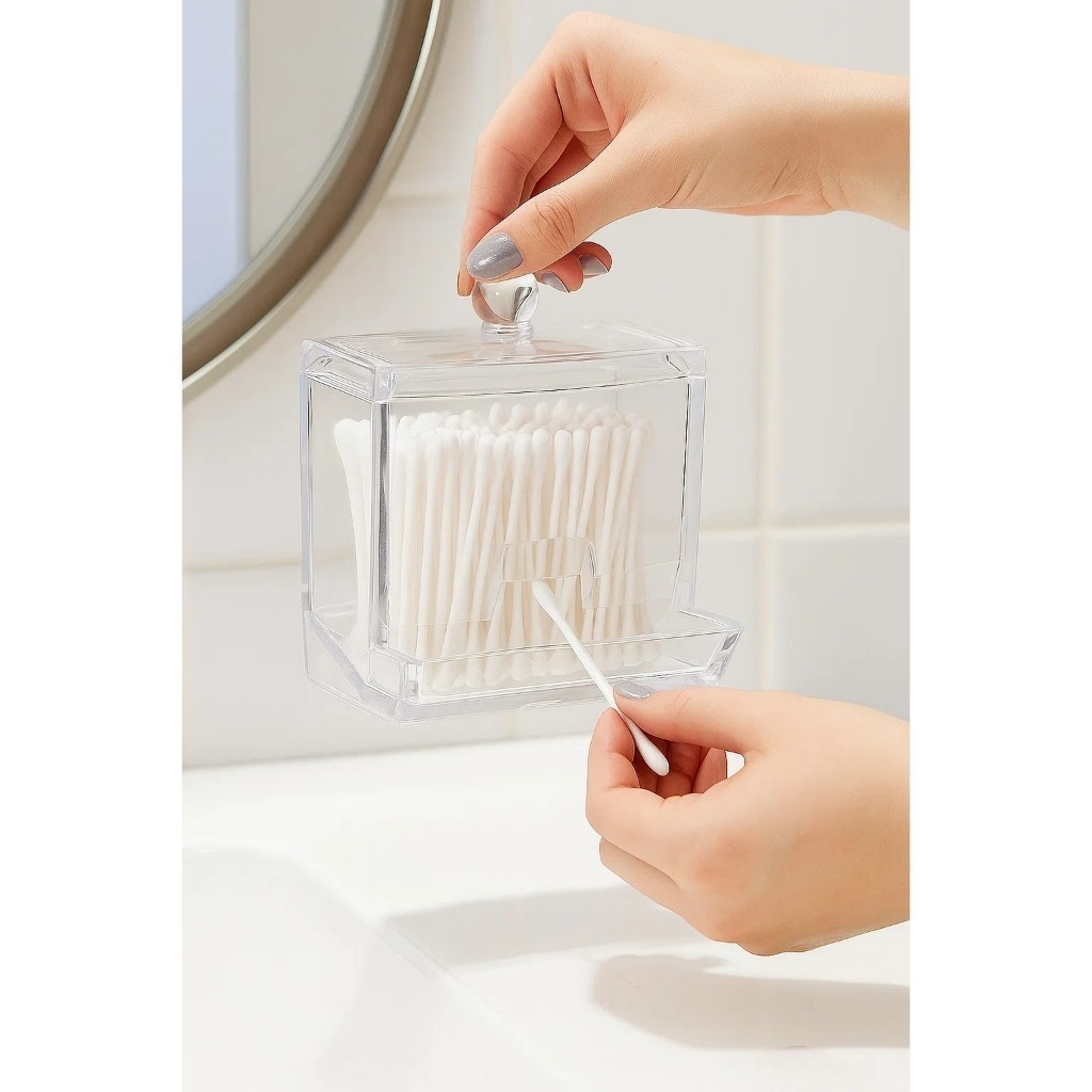Dispenser Cotonete Acrílico Tampa Transparente Organizador Banheiro Algodão Make Achadinho