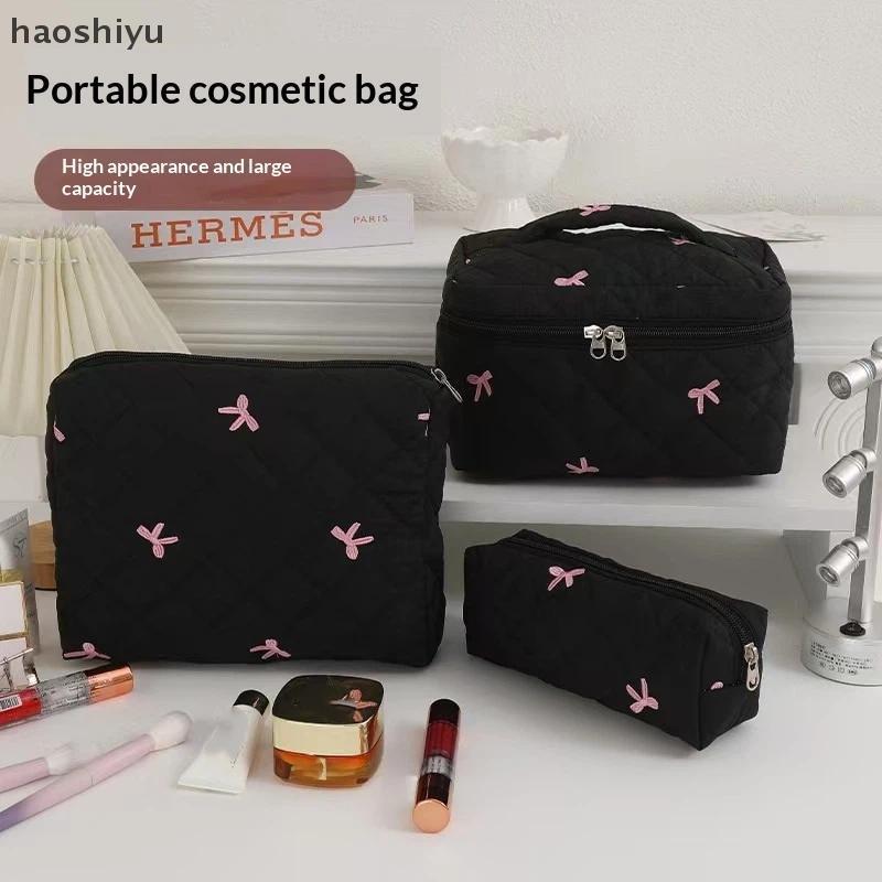 HAO 1/3 Pcs Bla Mulheres Bolsa De Maquiagem Portátil Com Alça Grande Capacidade Arco Quilting Cosméticos Feminina Viagem