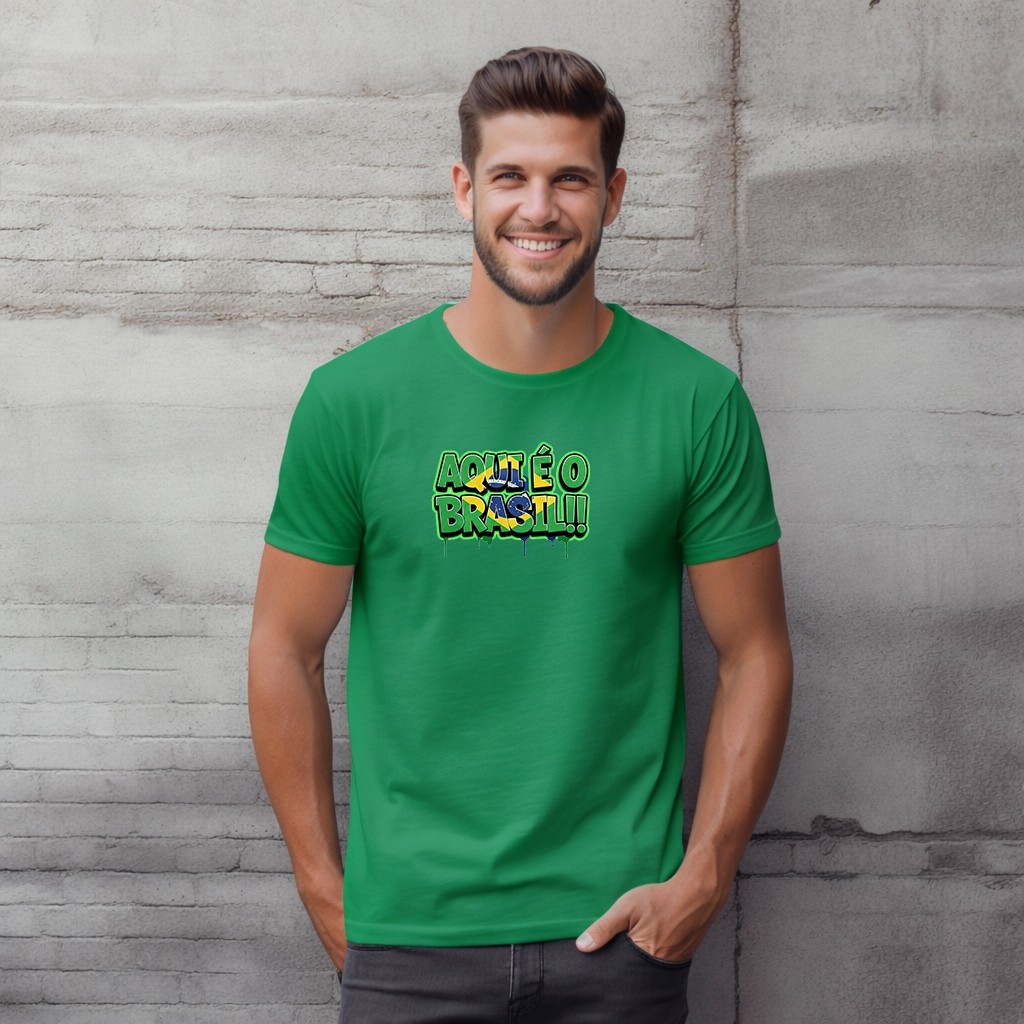 Camiseta Masculina Estampada Brasil Copa do Mundo Futebol Aqui é o Brasil 100% Algodão
