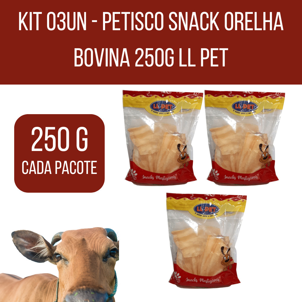 Kit 3 Unidades, Petisco, Snack, Cães, Orelha Bovina, 250g (cada pacote), LL Pet