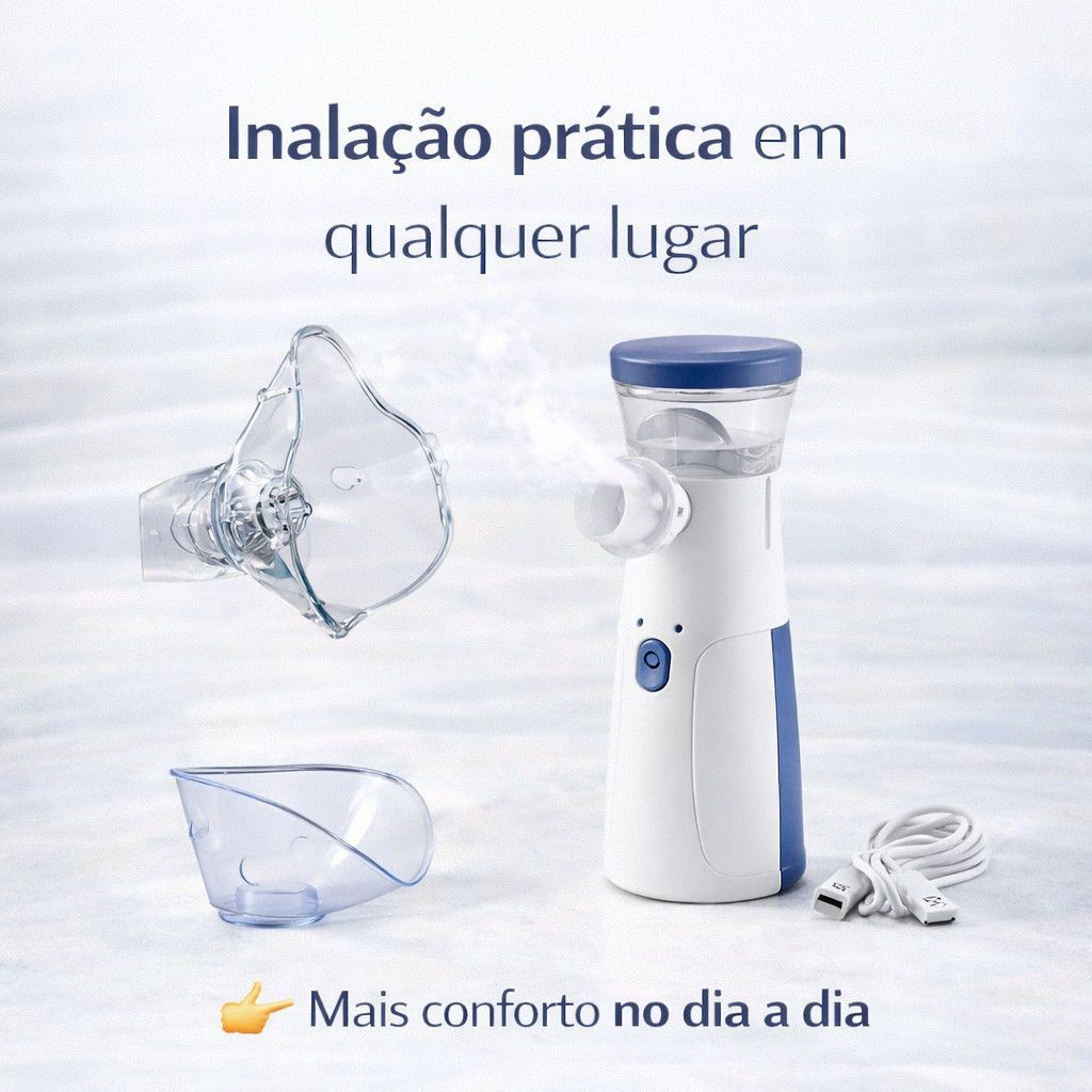 Nebulizador Portátil Mesh Recarregável USB | Silencioso com Máscara Adulto e Infantil