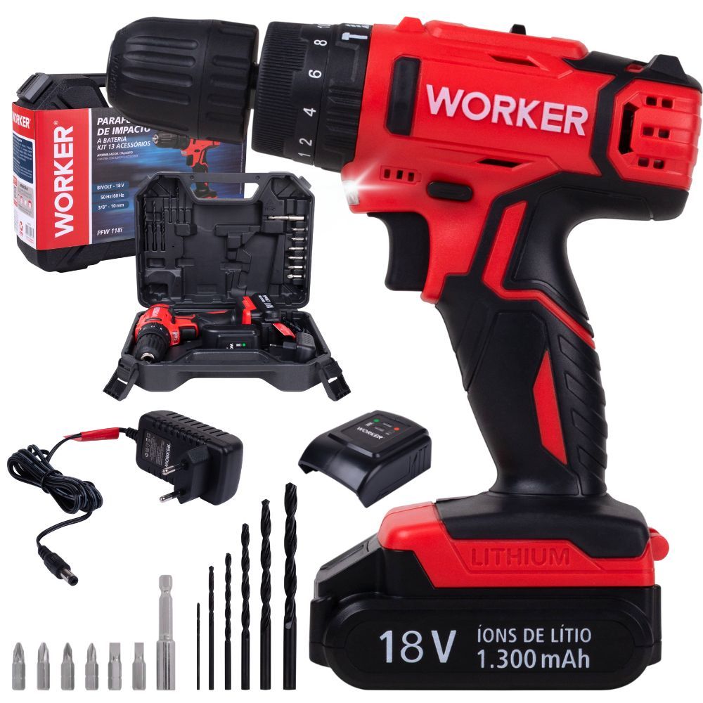 Parafusadeira e Furadeira de Impacto a Bateria 18V Worker PFW 118I com 13 Acessórios Torque máx 30nm