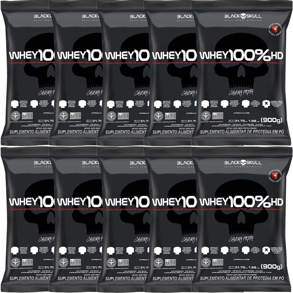 Kit 10X Whey 100% HD - 900g Refil Cookies And Cream - Black Skull