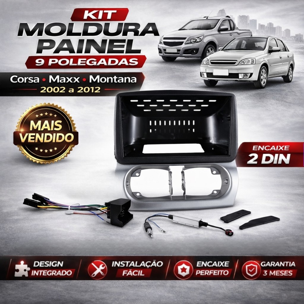 Kit Moldura Painel 9 Pol Corsa Maxx Montana 2002 a 2012 2 Din Prata Chicote Som Acabamento Saida Ar