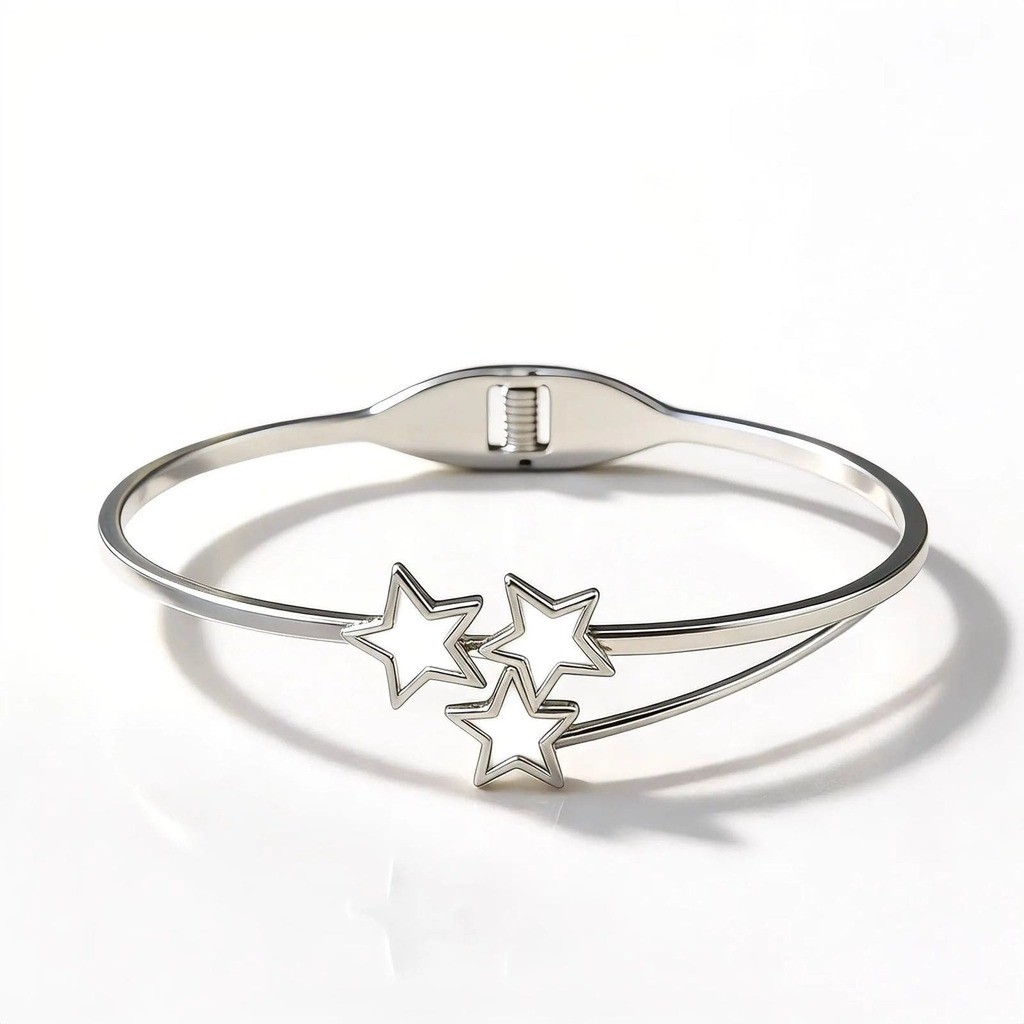 Bracelete Rígido Estrela Aço Inoxidável 316L Madrepérola Algema Prata Não Enferruja  Antialérgico Feminino