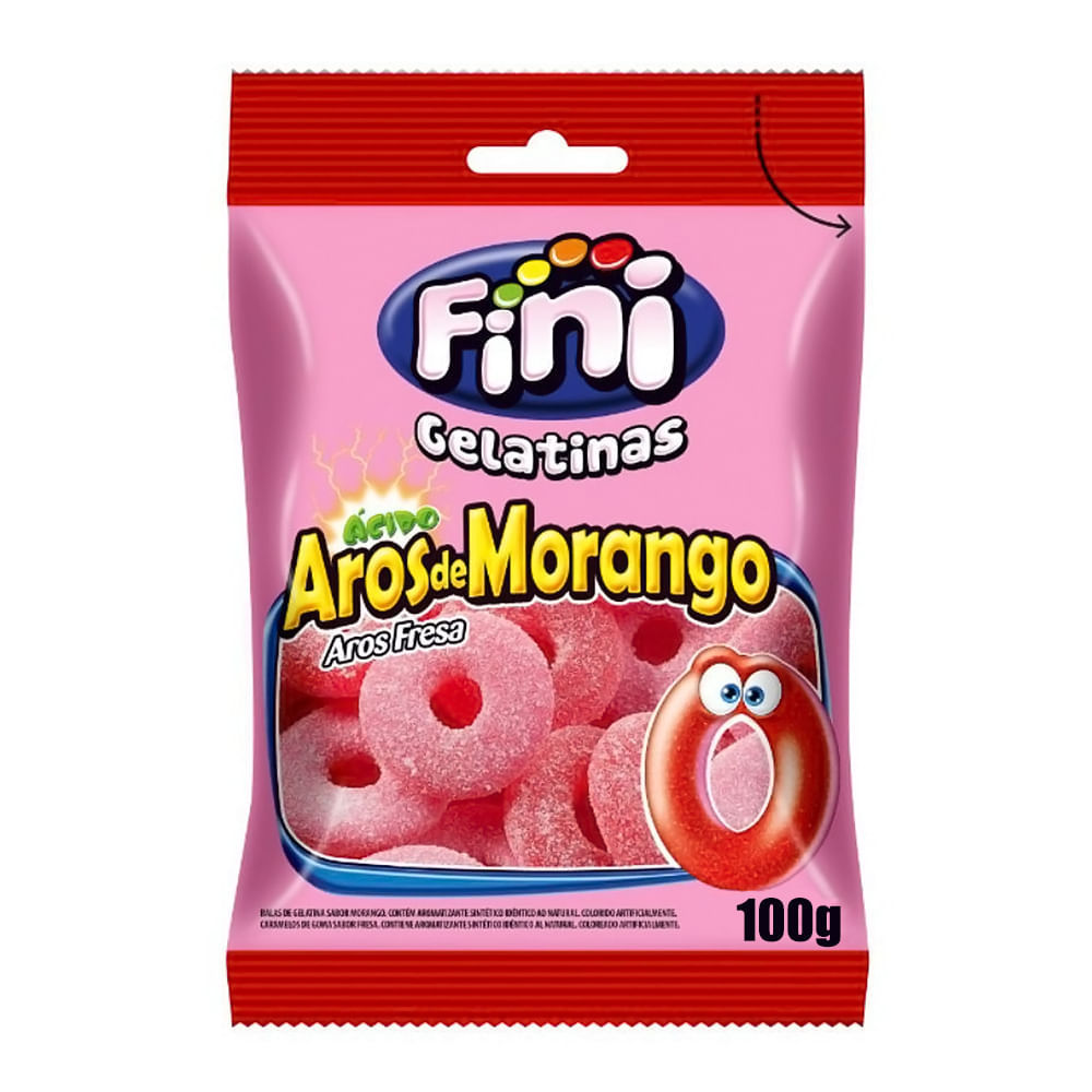 Balas de Gelatina Fini Aros de Morango 100g em Oferta na Shopee