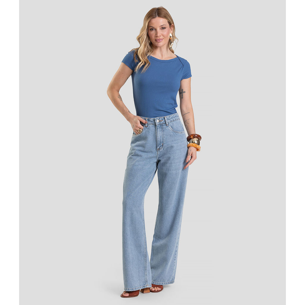 Calça Jeans Feminina Wide Leg Cintura Alta Dianna Azul em Oferta na Shopee