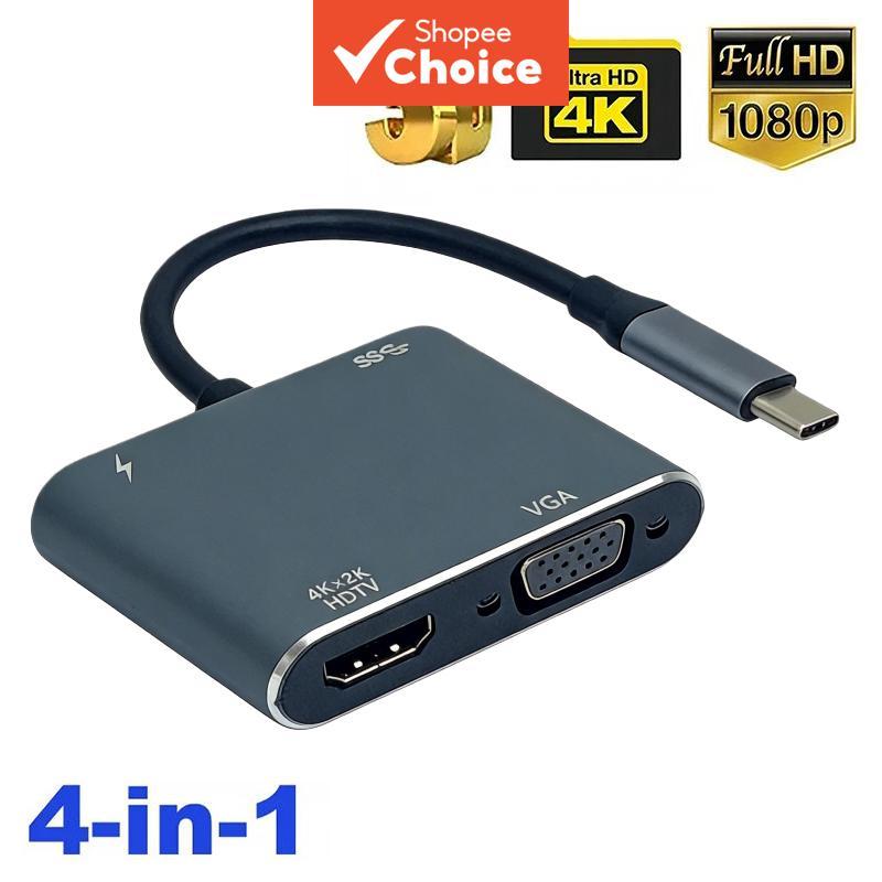Hub USB-C 4 Em 1 Para Carregamento 4K HDMI VGA 3.0 PD MacBook Laptop PC Dock