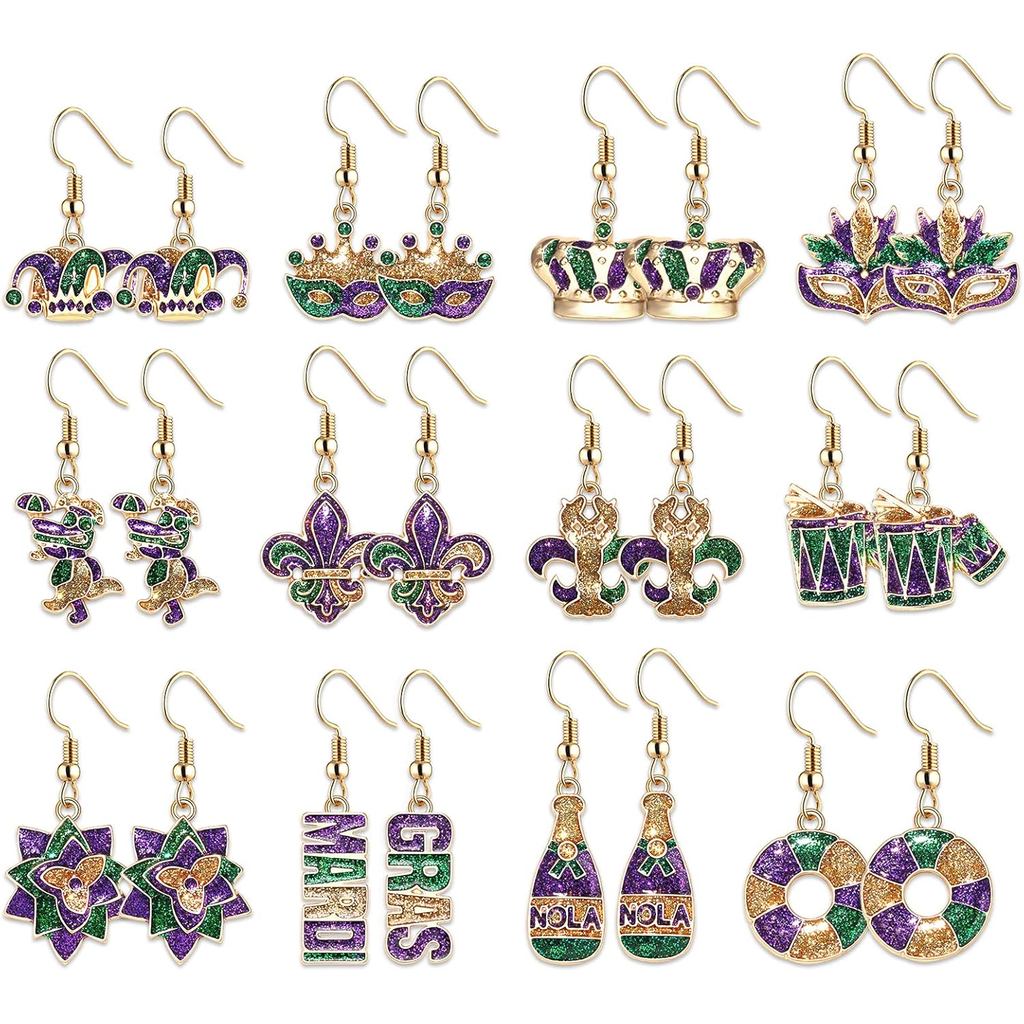12 Pares de Brincos de Mardi Gras para Mulheres e Meninas, Brincos Pendentes de Liga Metálica com Flor-de-Lis, Brincos D