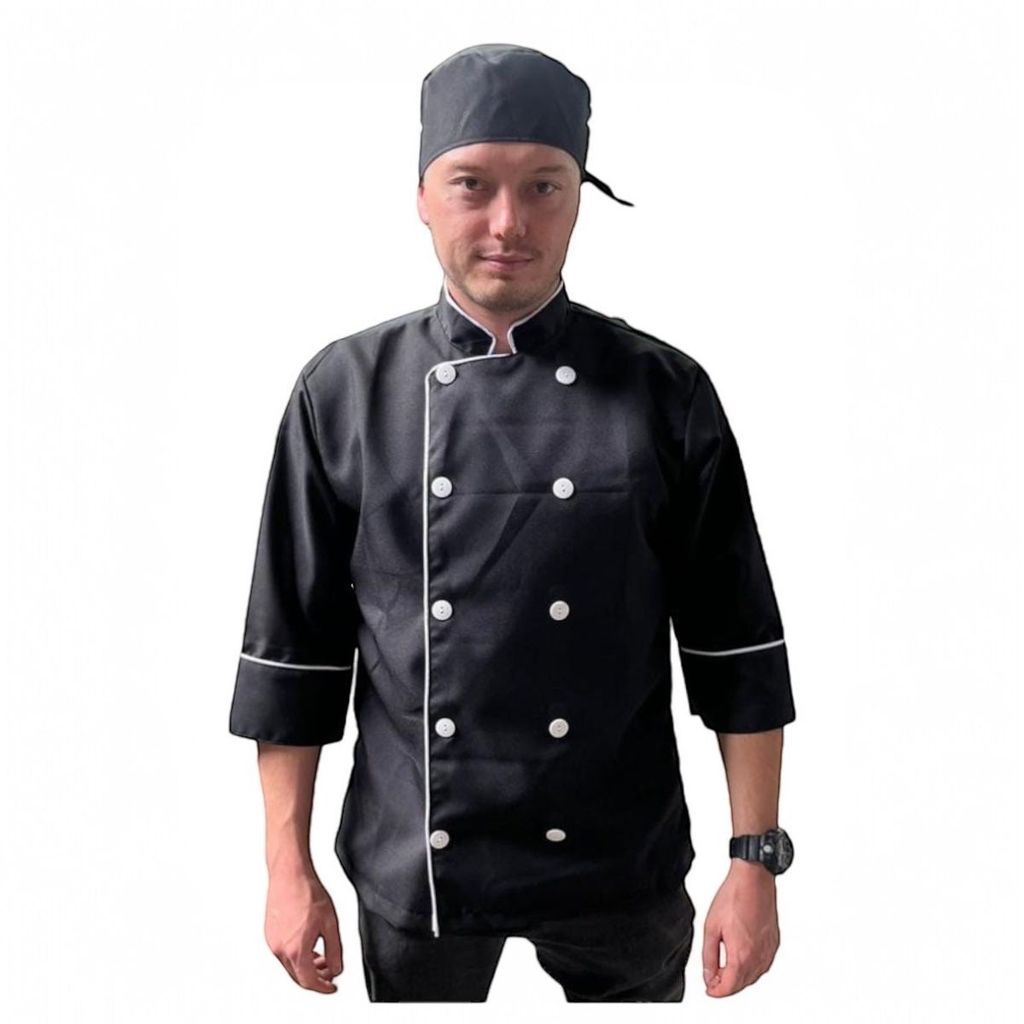 DOLMA PRETA GG COM FRISO E BOTÃO BRANCO MANGA 20CM UNISSEX CHEF JALECO COZINHA