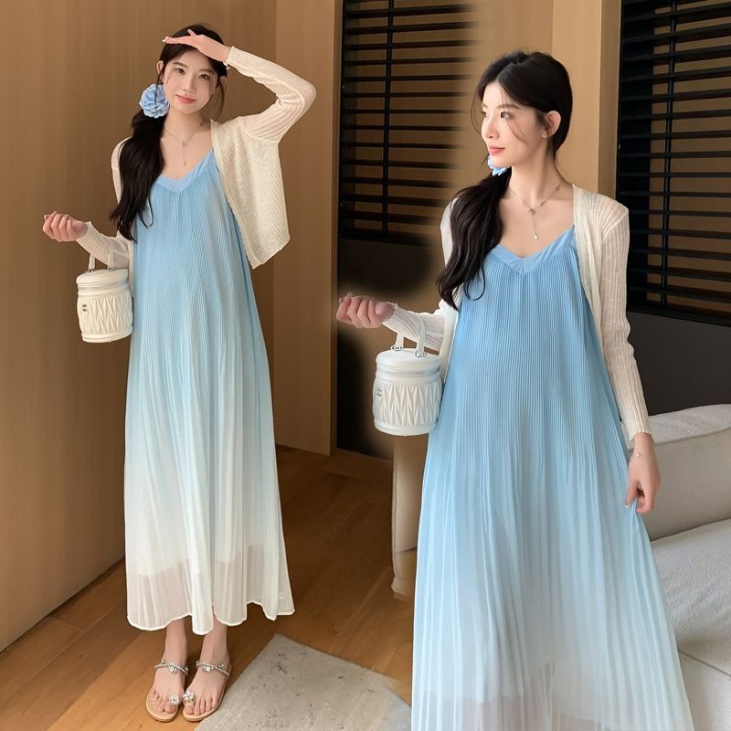 Vestido de maternidade vestido terno moda gradiente plissado saia longa férias à beira-mar Chiffon estilingue saia terno