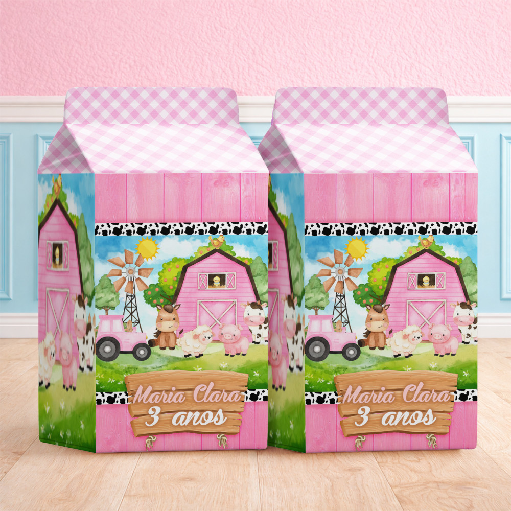 Caixa Milk Fazendinha Rosa Caixinha Leite Pequena Personalizada Lembrancinha Festa
