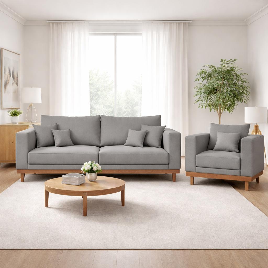 Kit Poltrona Living + Sofá 2 Lugares com Base Madeira Linho