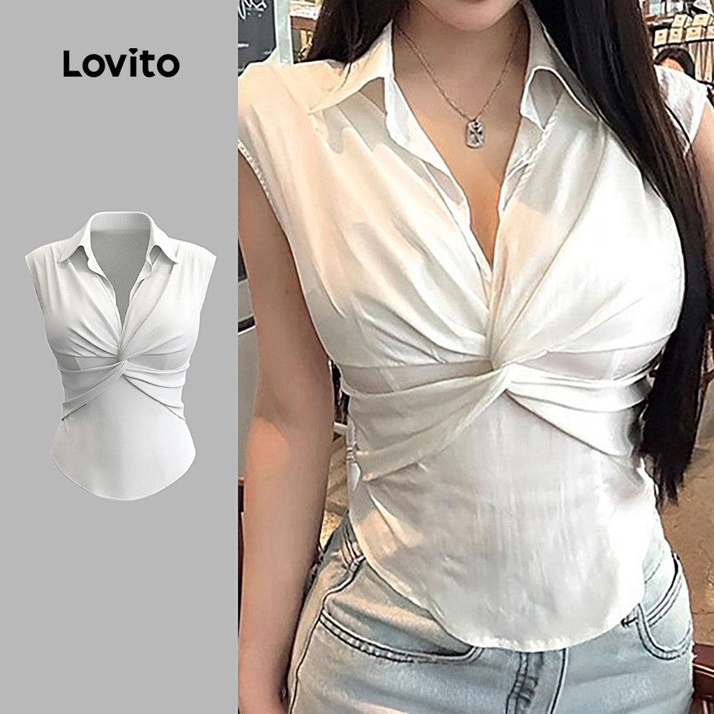 Lovito  Blusa Casual com Estrutura de Laço Pregueada Branca Primavera/verão para Mulheres LNE141036 em Oferta na Shopee