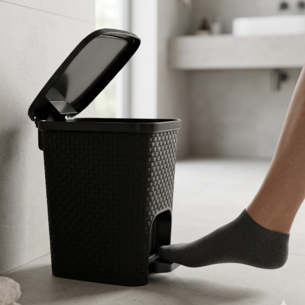 Kit 1 ou 2 Lixeiras Rattan 7L com Pedal Preta Banheiro Cozinha Moderna Compacta