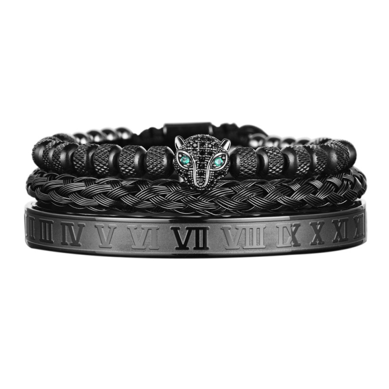 Conjunto De 3 Peças De Pulseiras Masculinas Clássicas Tecidas À Mão Estilo hip-hop , Com Cabeça De Leopardo Cravejada De — imagem 2 de 2