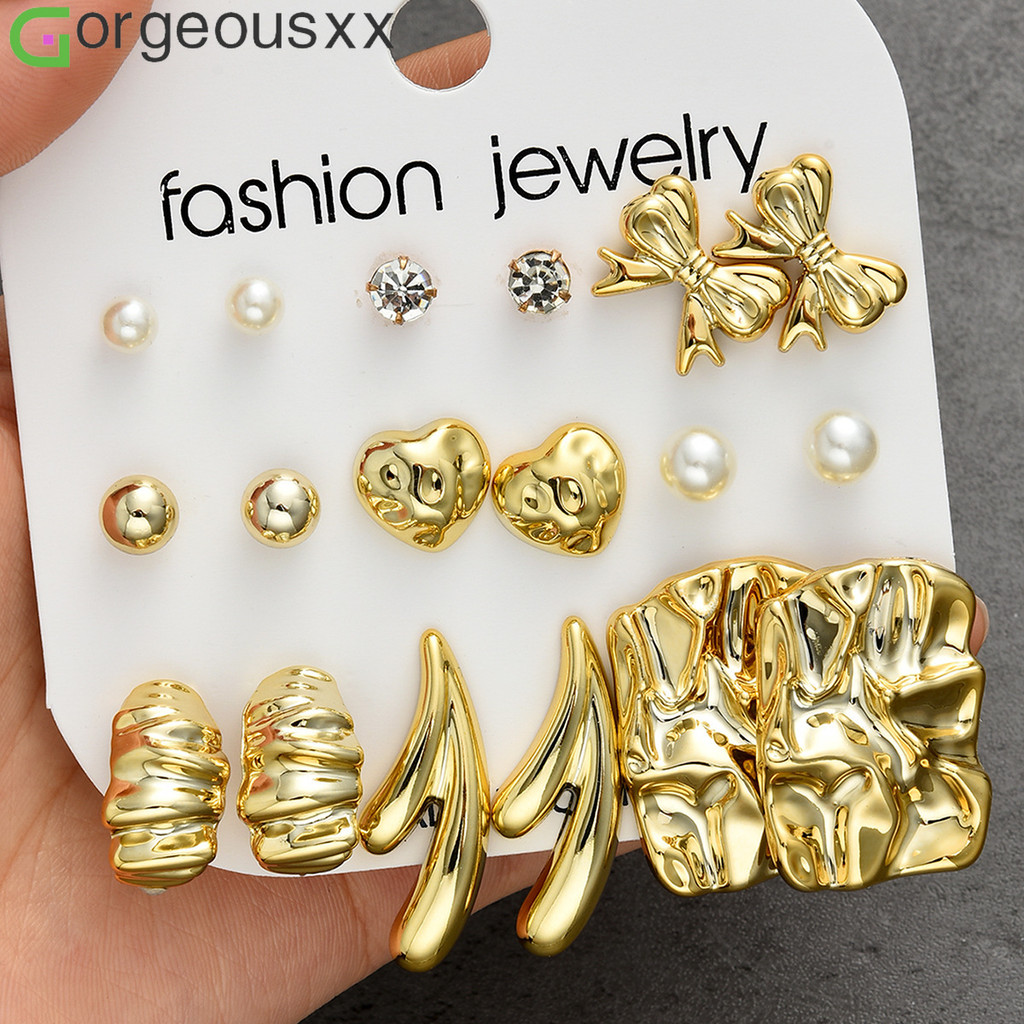 [Gorgeousxx] Nova Tendência Bowknot Amor Coração Dobra Brincos Geométricos Terno Para Mulheres Joias Exclusivas