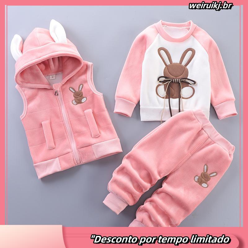 Crianças Primavera/Outono Plush Terno Quente Menino Astronauta T-shirt+Colete De Capuz+Calça 3 Peças 0-4 Anos