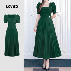 Lovito Elegante Vestido Para Deslocamento Verde Assimétrico Com Botões E Pregas Primavera/Verão Social Para Mulheres L171ED219