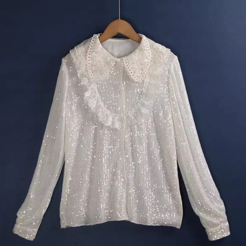 3874 camisa de lantejoulas outono renda em torno do pescoço doce duplo branco All-Match camisa de lantejoulas cauda de c