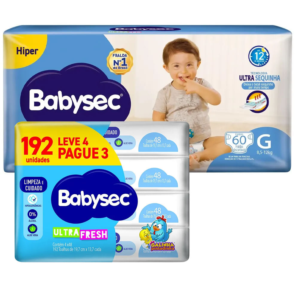 Kit Fralda Descartável Babysec Galinha Pintadinha G + Toalha Umedecida 192 Unida
