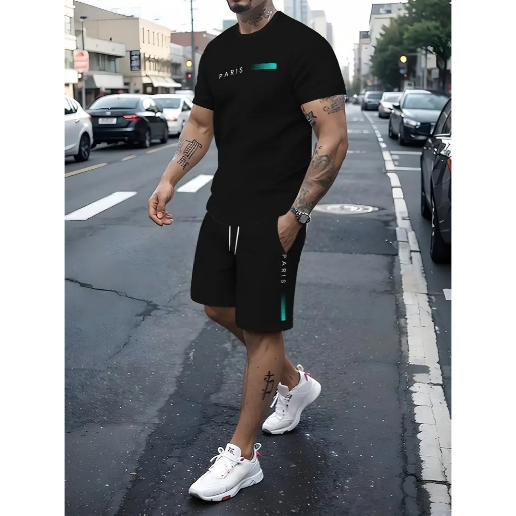 KIT CONJUNTO SHORT TECTEL E CAMISETA BASICA COM ESTAMPA PARIS DEGRADE AZUL
