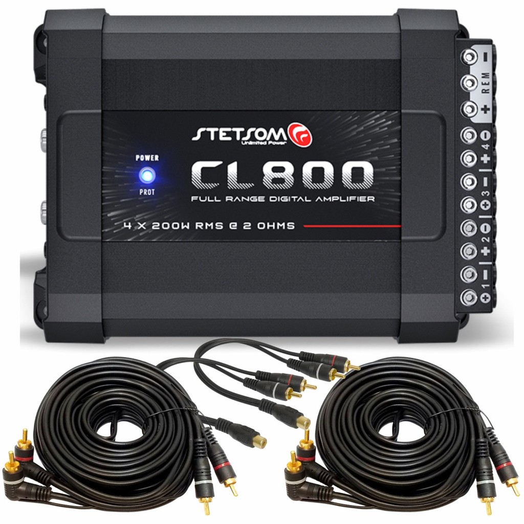 Kit Modulo Amplificador Stetsom CL800.4 800 Watts Rms + 2 Cabos Rca 5m + 2 Cabos Y Reforçados